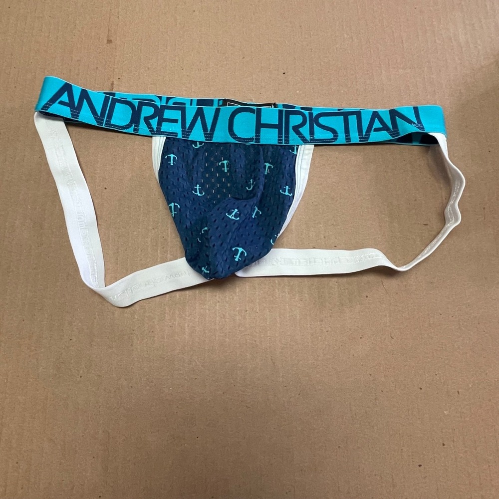 Andrew Christian FUKR Nautical Blue & Navy Anchor Mesh Jockstrap Mens Small NWOT